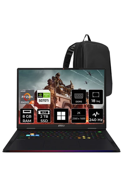 MSI Raider A18 HX AMD Ryzen 9-8940HX RTX 5070 Ti 12GB 140W 8GB RAM 2TB SSD 18" 2K QHD+ 240Hz Win11 Home A8WHG280TRP364 Gaming Laptop + PER4 Çanta ürün görseli 1