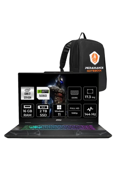 MSI Cyborg 17 i7 13620H RTX 5060 8GB 16GB RAM 2TB SSD 17.3" FHD 144Hz Win11 Home B13WFKG092XTRP359 Gaming Laptop + Per4 Çanta ürün görseli 1