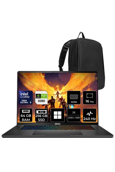 MSI Stealth 16 AI+ Intel Core Ultra 9-386H RTX 5080 16GB 125W 64GB RAM 256GB SSD 16" QHD+ 240Hz OLED Win11 Home B3WI003TRP397 Gaming Laptop + PER4 Çanta ürün görseli 1