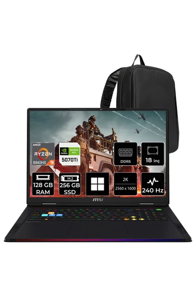 MSI Raider A18 HX AMD Ryzen 9-8940HX RTX 5070 Ti 12GB 140W 128GB RAM 256GB SSD 18" 2K QHD+ 240Hz Win11 Home A8WHG280TRP415 Gaming Laptop + PER4 Çanta ürün görseli 1