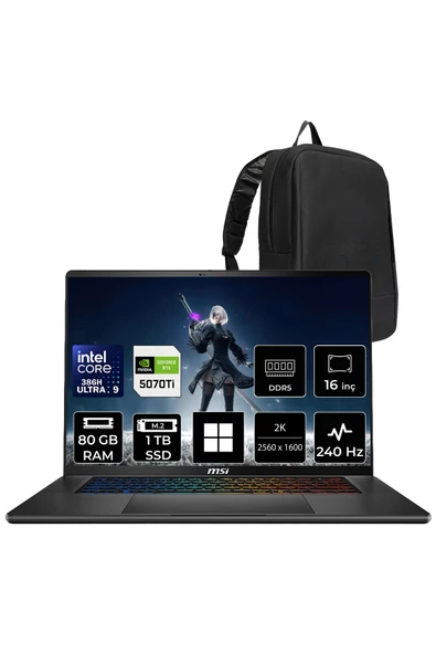 MSI Stealth 16 AI+ Intel Core Ultra 9-386H RTX 5070 Ti 12GB 125W 80GB RAM 1TB SSD 16" QHD+ 240Hz OLED Win11 Home B3WH011TRP405 Gaming Laptop + PER4 Çanta ürün görseli 1