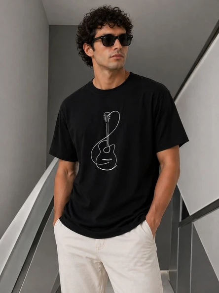 Erkek Minimal Gitar Baskılı Tişört T-Shirt Yazlık Kısa Kol Bisiklet Yaka T-Shirt - Siyah ürün görseli 1