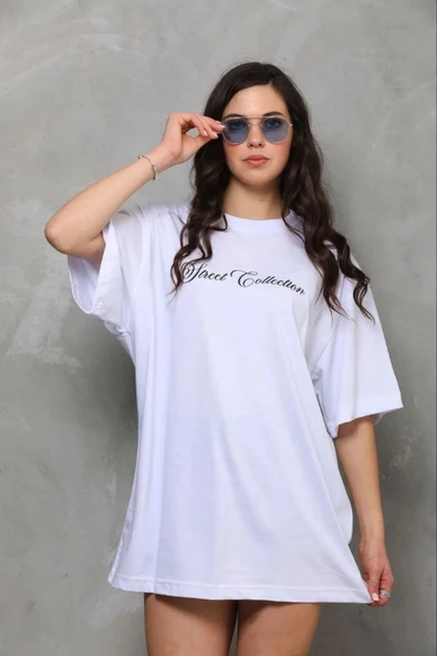 Kadın Kısa Kol Yazlık Tişört Bisiklet Yaka Baskılı Oversize T-Shirt - Beyaz ürün görseli 1