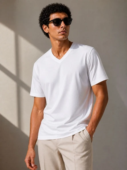 Erkek V Yaka Basic Tişört Kısa Kol Yazlık Regular Fit T-Shirt - Beyaz ürün görseli 1