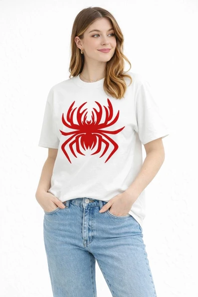 Kadın Örümcek Baskılı Tişört Kısa Kollu Bisiklet Yaka T-Shirt - Beyaz ürün görseli 1