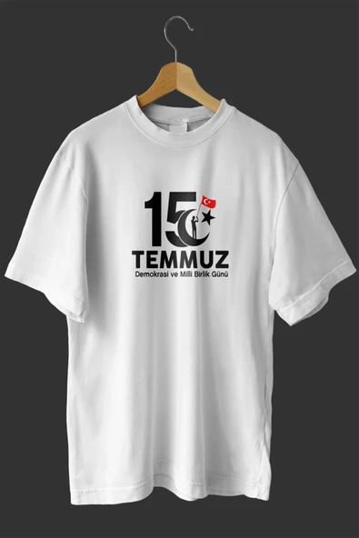 15 Temmuz Demokrasi ve Milli Birlik Günü Baskılı Oversize Bisiklet Yaka T-shirt - Beyaz ürün görseli 1