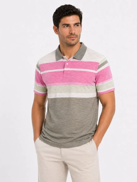 Erkek Flamlı Penye Çizgili Polo Yaka Tişört Kısa Kol Yazlık T-Shirt - Gri ürün görseli 1