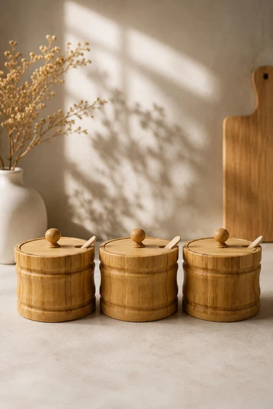 Bambu Baharatlık Seti 3'lü Kaşıklı Kapaklı Tuzluk Çay Şekerlik Kahve ve Baharat Saklama Kabı 9x9 cm ürün görseli 1