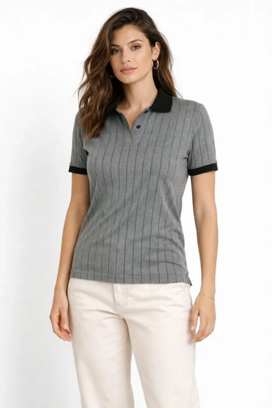 Kadın Polo Yaka Çizgili Tişört Kısa Kol Düğmeli Yazlık T-Shirt - Gri ürün görseli 1