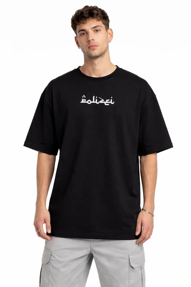 Erkek Kısa Kol Yazlık Tişört Bisiklet Yaka Baskılı Oversize T-Shirt - Siyah ürün görseli 1