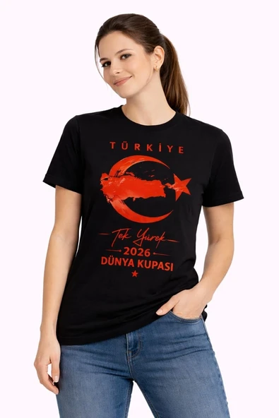 Kadın TÜRKİYE Ay Yıldız 2026 Dünya Kupasi Taraftar Forma T-Shirt - Siyah ürün görseli 1