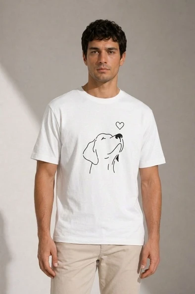 Erkek Köpek Figürlü Minimal Baskılı Tişört Kısa Kol Yazlık T-Shirt - Beyaz ürün görseli 1