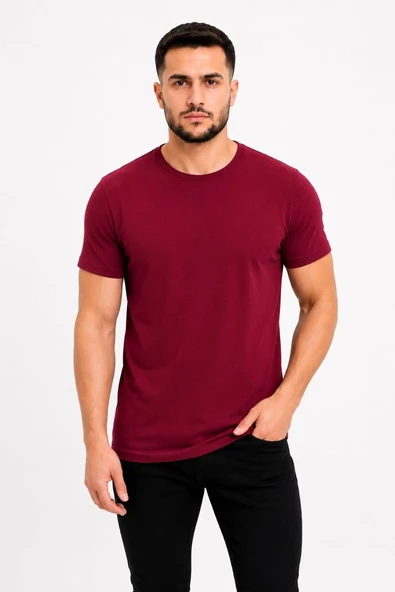 Erkek Basic Tişört Bisiklet Yaka Kısa Kol Günlük Yazlık Slim fit T-Shirt - Bordo ürün görseli 1