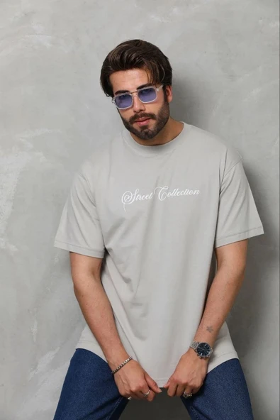 Erkek Baskılı T-Shirt Kısa Kol Bisiklet Yaka Regular Fit Tişört - Gri ürün görseli 1