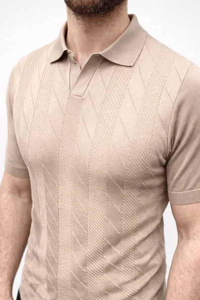 Erkek Yazlık Triko Dokuma Tişört Kısa Kol Polo Yaka T-Shirt - Bej ürün görseli 1