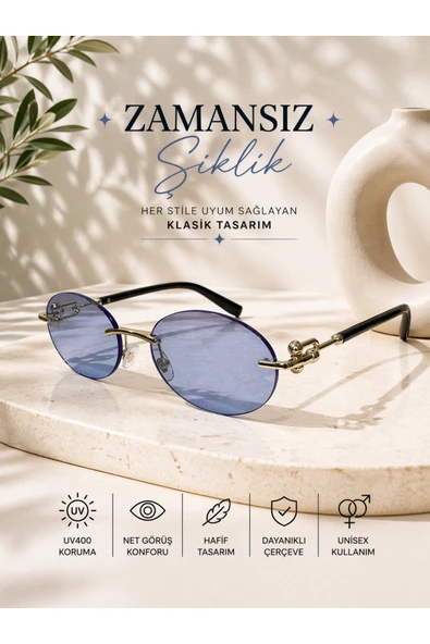 Optic Master Metal Çerçeveli Güneş Gözlüğü Oval Mavi Camlı ürün görseli 1