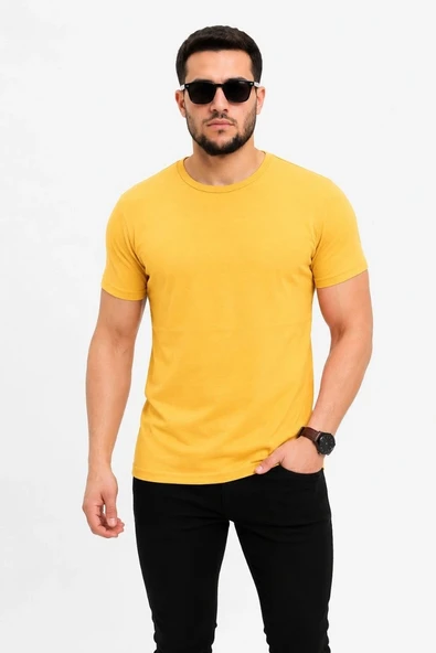 Erkek Basic Tişört Bisiklet Yaka Kısa Kol Günlük Yazlık Slim fit T-Shirt - Sarı ürün görseli 1