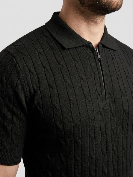 Erkek Yazlık Triko Saç Örgü Tişört Kısa Kol Polo Yaka Fermuarlı T-Shirt - Siyah ürün görseli 1