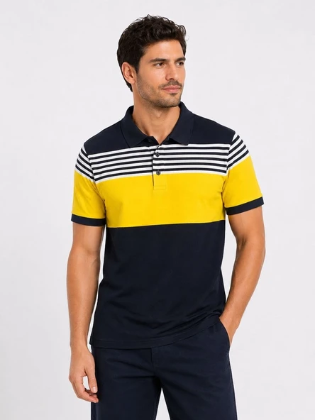 Erkek Pike Kumaş Çizgili Polo Yaka Tişört Kısa Kol Yazlık T-Shirt - Lacivert ürün görseli 1
