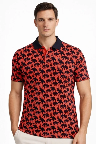 Erkek Pike Kumaş Polo Yaka Palmiye Desenli Tişört Kısa Kol Yazlık T-Shirt - Kırmızı ürün görseli 1