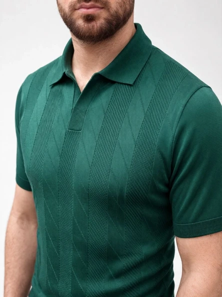 Erkek Yazlık Triko Dokuma Tişört Kısa Kol Polo Yaka T-Shirt - Koyu Yeşil ürün görseli 1