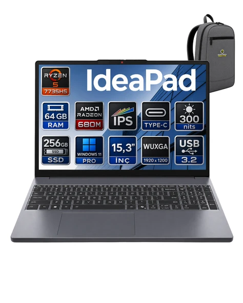 LENOVO IDEAPAD SLİM 3 AMD RYZEN 5 7535HS 64GB 256GB SSD 15.3" WİN11PRO TAŞINABİLİR BİLGİSAYAR 83K7009ETROKA031 ürün görseli 1