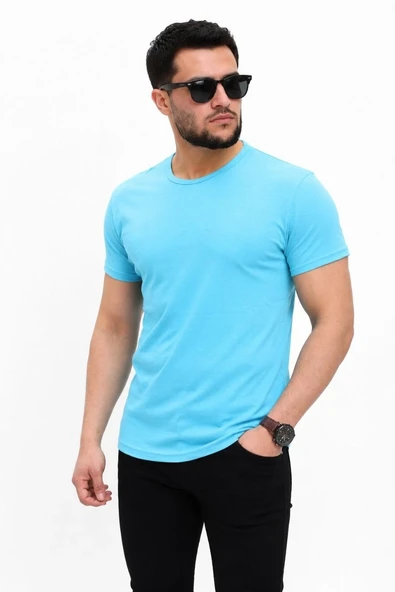 Erkek Basic Tişört Bisiklet Yaka Kısa Kol Günlük Yazlık Slim fit T-Shirt - Açık Mavi ürün görseli 1