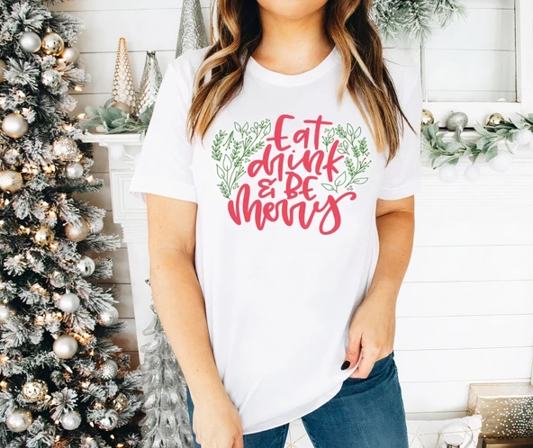 Yılbaşı Noel Baskılı Kısa Kollu Oversize Bisiklet Yaka T-shirt - Beyaz ürün görseli 1