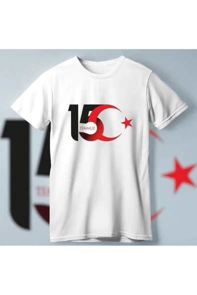 15 Temmuz Demokrasi ve Milli Birlik Günü Ay Yıldız Baskılı T-shirt - Beyaz ürün görseli 1