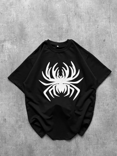 Erkek Örümcek Baskılı Tişört Kısa Kollu Bisiklet Yaka T-Shirt - Siyah ürün görseli 1