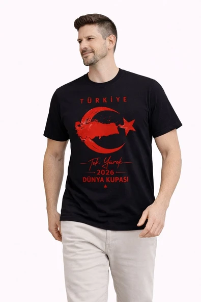 Erkek TÜRKİYE Ay Yıldız Baskılı Taraftar Forma T-Shirt - Siyah ürün görseli 1