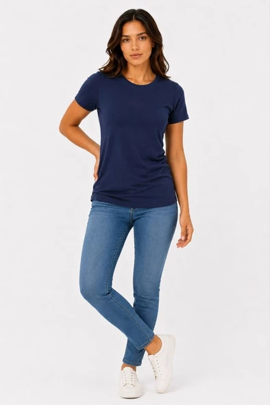 Kadın Basic Tişört Bisiklet Yaka Kısa Kol Günlük Yazlık Slim fit T-Shirt - Lacivert ürün görseli 1
