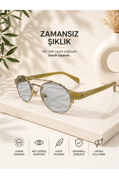 Optic Master Metal Çerçeveli Güneş Gözlüğü Oval Açık Mavi Camlı ürün görseli 1