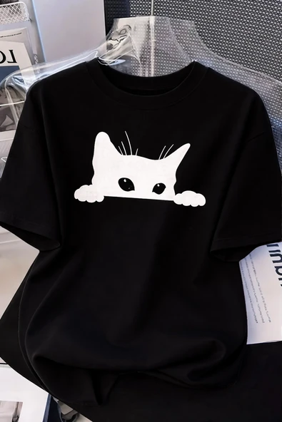 Kadınlar için Siyah Kedi Grafik Tişört - Oversize Kısa Kollu Üst Nefes Alabilir - Siyah ürün görseli 1
