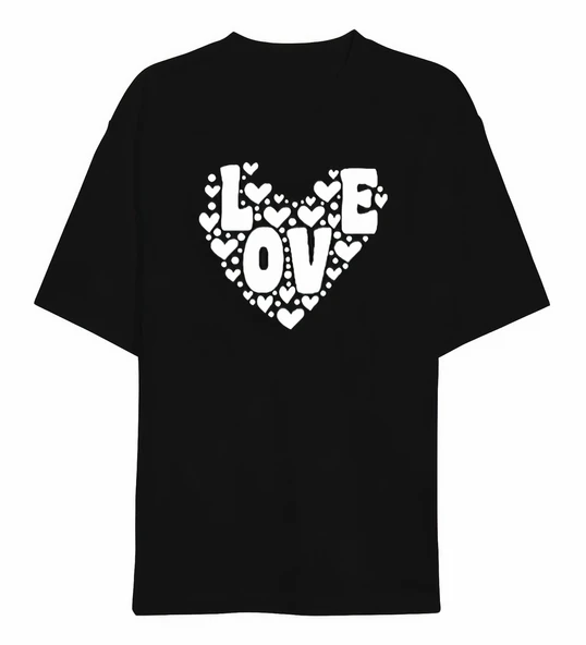 14 Şubat Sevgililer Günü Love Kalp Baskılı Oversize Bisiklet Yaka T-shirt - Siyah ürün görseli 1