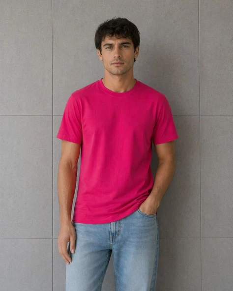 Erkek Basic Pamuklu Tişört Bisiklet Yaka Düz Renk Regular Fit T-Shirt - Fuşya ürün görseli 1