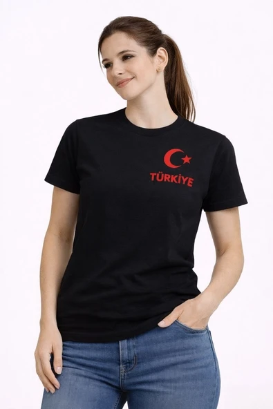 Kadın TÜRKİYE Ay Yıldız Baskılı Taraftar Forma T-Shirt - Siyah ürün görseli 1