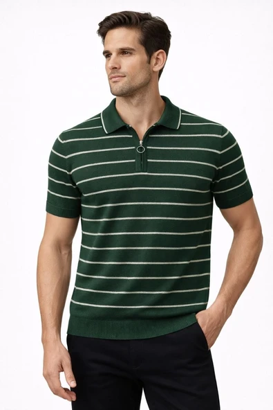 Erkek Triko Polo Yaka Fermuarlı Çizgili Tişört T-Shirt Yazlık Şık - Yeşil ürün görseli 1