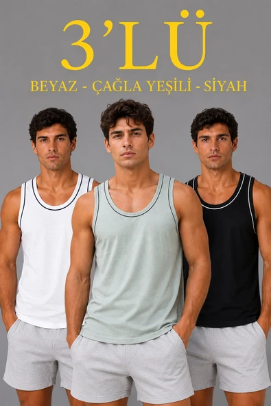 Erkek 3 lü Kolsuz Sporcu Atlet Seti Yazlık Bisiklet Yakalı - Mint Yeşili, Siyah, Beyaz ürün görseli 1