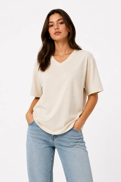 Kadın V Yaka Basic Tişört Kısa Kol Yazlık Regular Fit T-Shirt - Bej ürün görseli 1