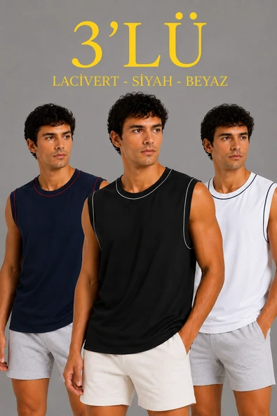 Erkek 3 lü Kolsuz Sporcu Atlet Seti Yazlık Bisiklet Yaka - Siyah, Lacivert, Beyaz ürün görseli 1