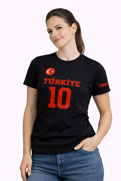 Kadın TÜRKİYE Ay Yıldız Baskılı 10 Numara Forma Tişört Taraftar T-Shirt - Siyah ürün görseli 1