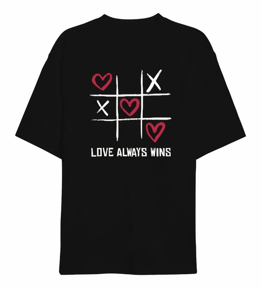 14 Şubat Sevgililer Günü Love Always Wins Baskılı Oversize Bisiklet Yaka T-shirt - Siyah ürün görseli 1