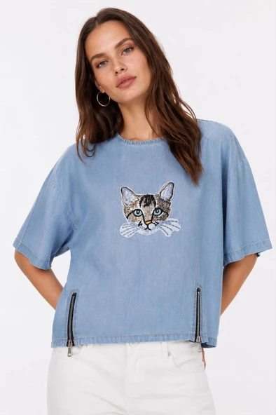 Erkek Baskılı T-Shirt Kısa Kol Bisiklet Yaka Rahat Kalıp Tişört - Mavi ürün görseli 1