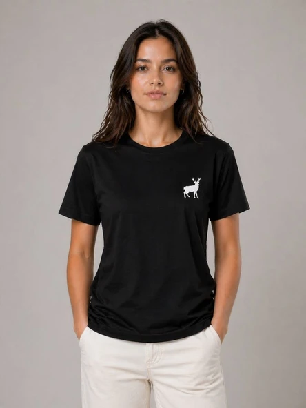 Kadın Minimal Geyik Logolu Tişört Bisiklet Yaka Kısa kol Yazlık T-Shirt - Siyah ürün görseli 1