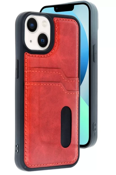 Newface Apple iPhone 15 Sara Kartvizitli Deri Kılıf - Kırmızı ürün görseli 1