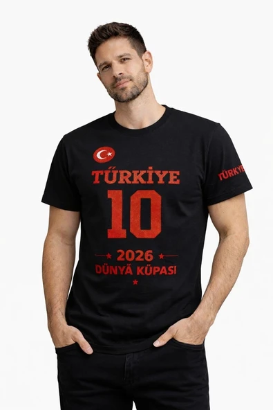 Erkek TÜRKİYE Baskılı Tişört 2026 Dünya Kupası Taraftar Forma T-Shirt - Siyah ürün görseli 1