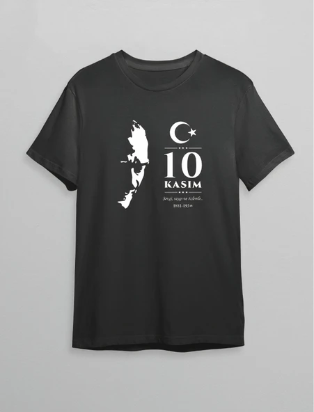 10 Kasım Atatürk Anma Günü Silüet Baskılı Oversize Bisiklet Yaka T-shirt - Siyah ürün görseli 1