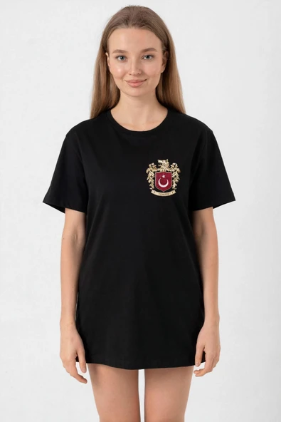 Türk Arma Baskılı Oversize Bisiklet Yaka Günlük T-shirt - Siyah ürün görseli 1