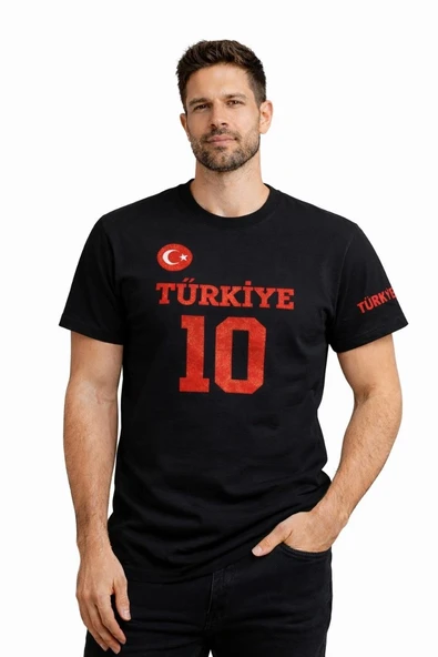 Erkek TÜRKİYE Ay Yıldız Baskılı 10 Numara Forma Tişört Taraftar T-Shirt - Siyah ürün görseli 1